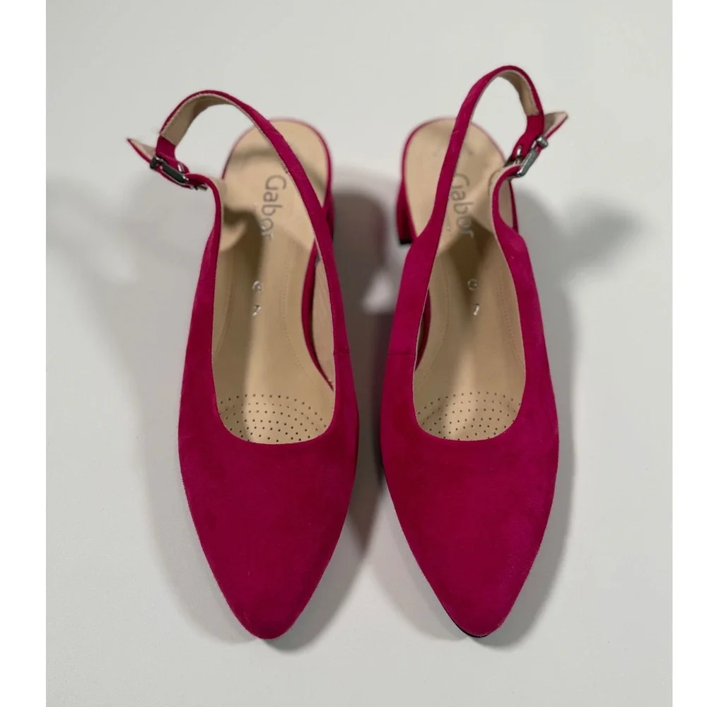 Gabor Magenta Pink Suede Slingback Block Heel Pumps Pointed Toe Old Money